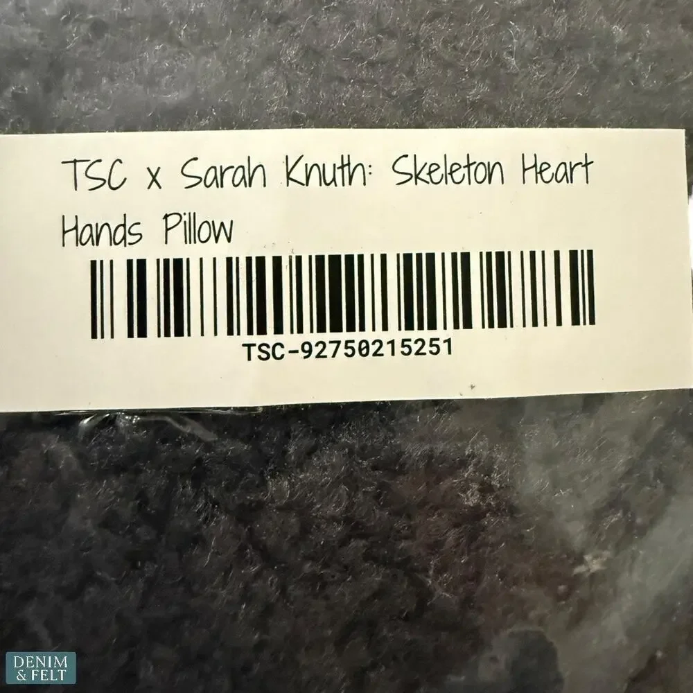Styled Collection x Sarah Knuth Skeleton Heart Hand Pillow Black White Plush NEW